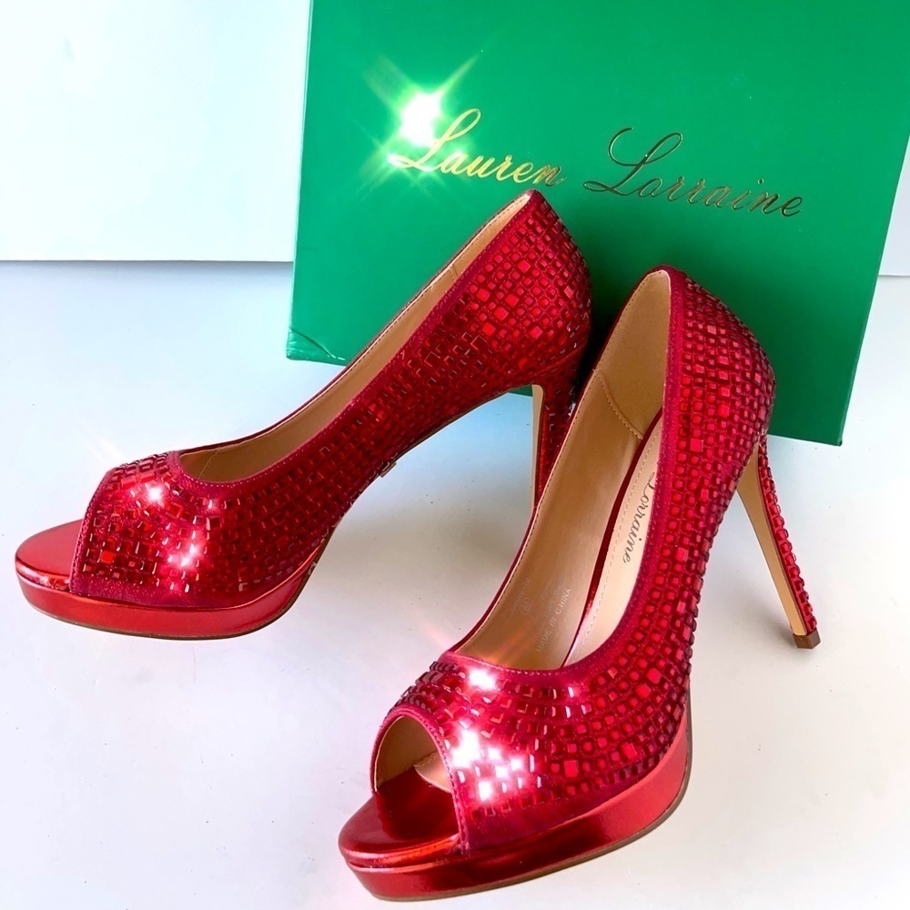 Lauren Lorraine Red Pumps Heels Studded Rhinestone Glitter Stilleto Heels, 8.5M